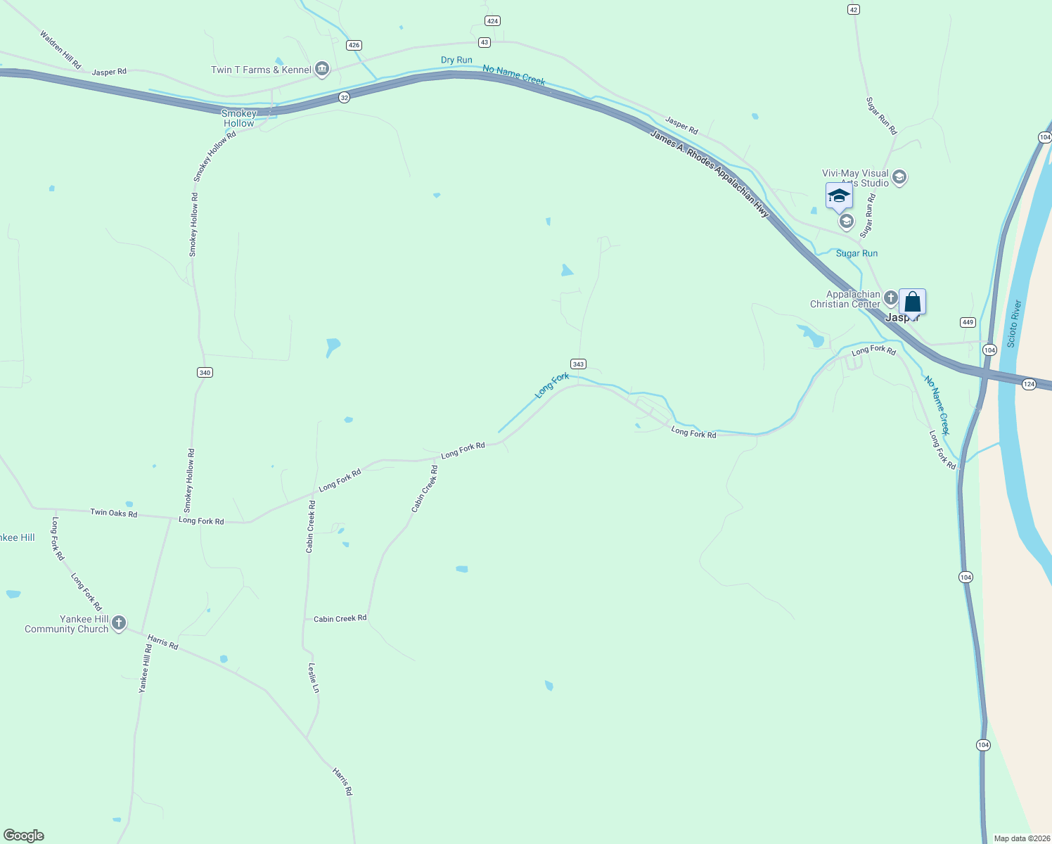 map of restaurants, bars, coffee shops, grocery stores, and more near 4051 Long Fork Road in Piketon