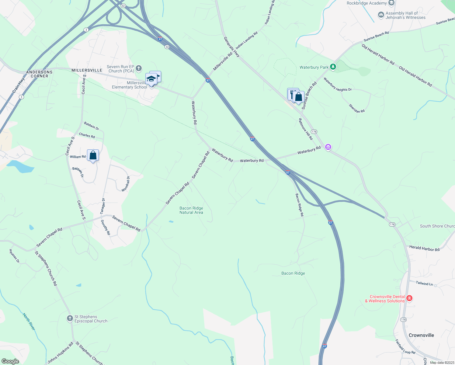 map of restaurants, bars, coffee shops, grocery stores, and more near 1428 Hoppa Rd in Crownsville