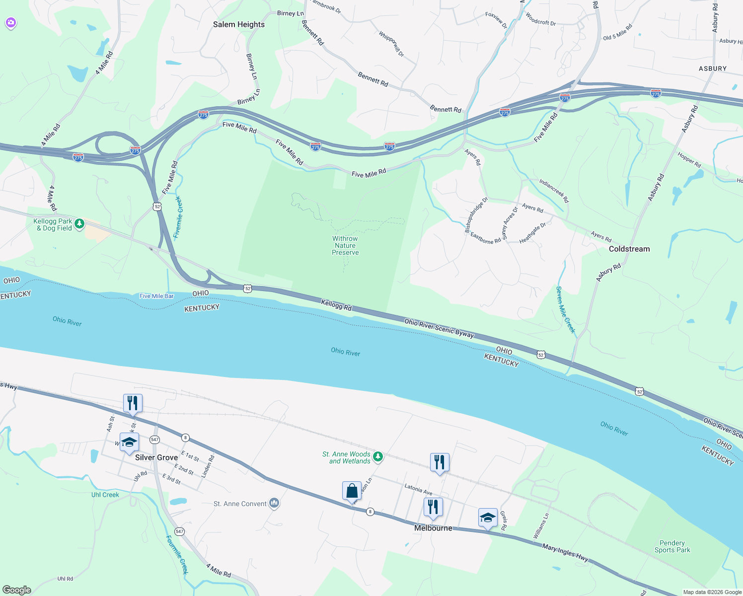 map of restaurants, bars, coffee shops, grocery stores, and more near 7118 Kellogg Road in Cincinnati