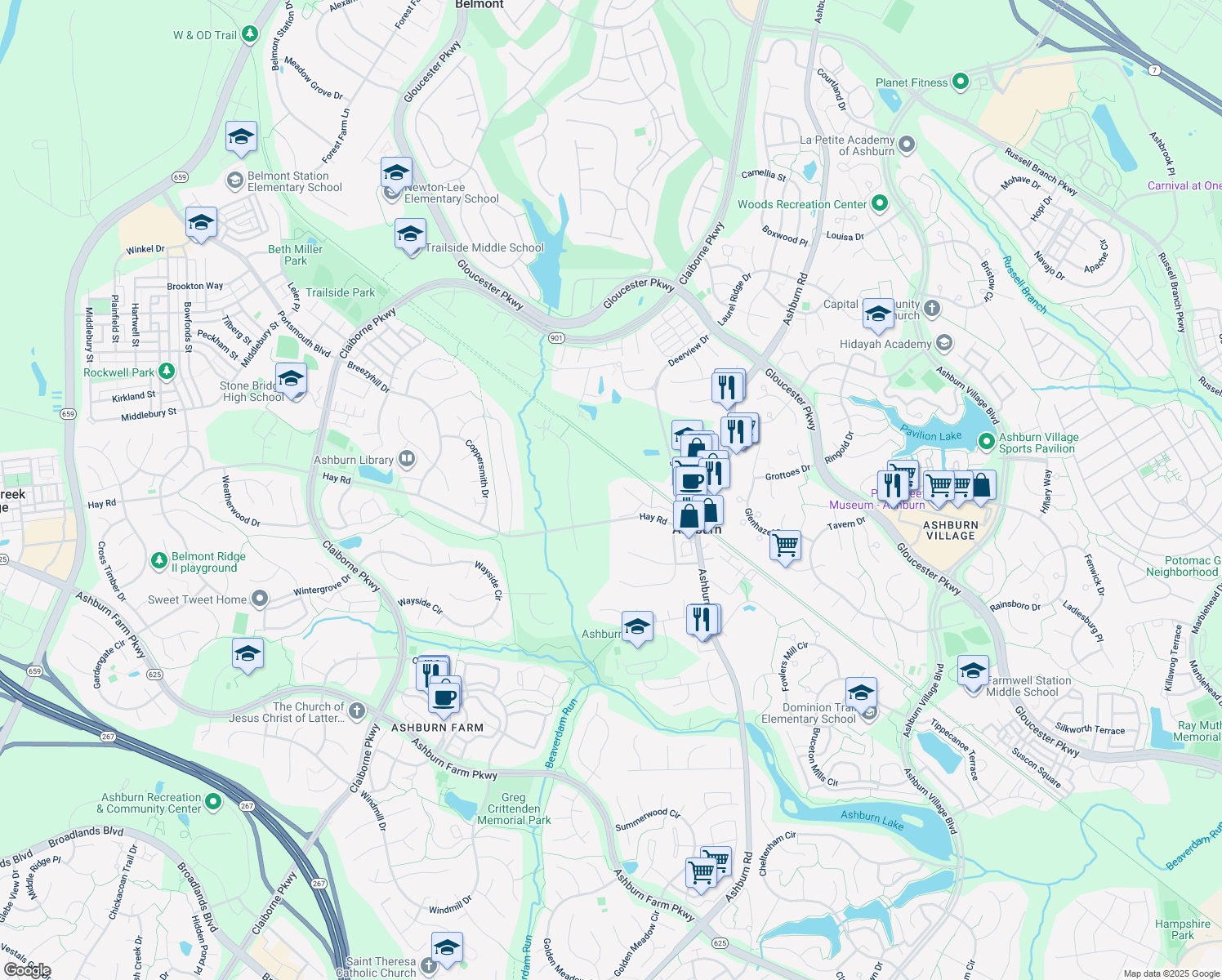 map of restaurants, bars, coffee shops, grocery stores, and more near 43637 Meadow Overlook Place in Ashburn