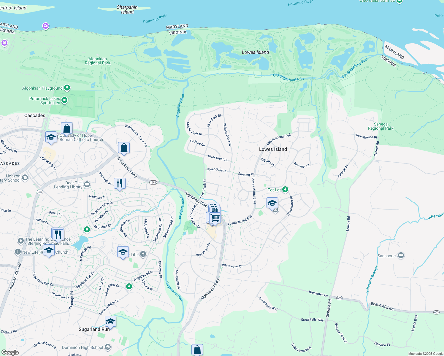 map of restaurants, bars, coffee shops, grocery stores, and more near 20566 Noland Woods Court in Sterling