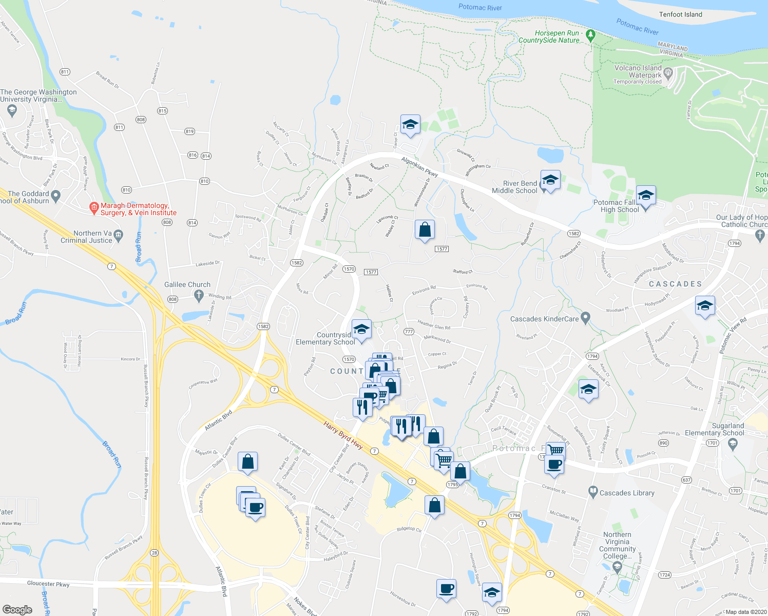 map of restaurants, bars, coffee shops, grocery stores, and more near 20 Halifax Court in Sterling