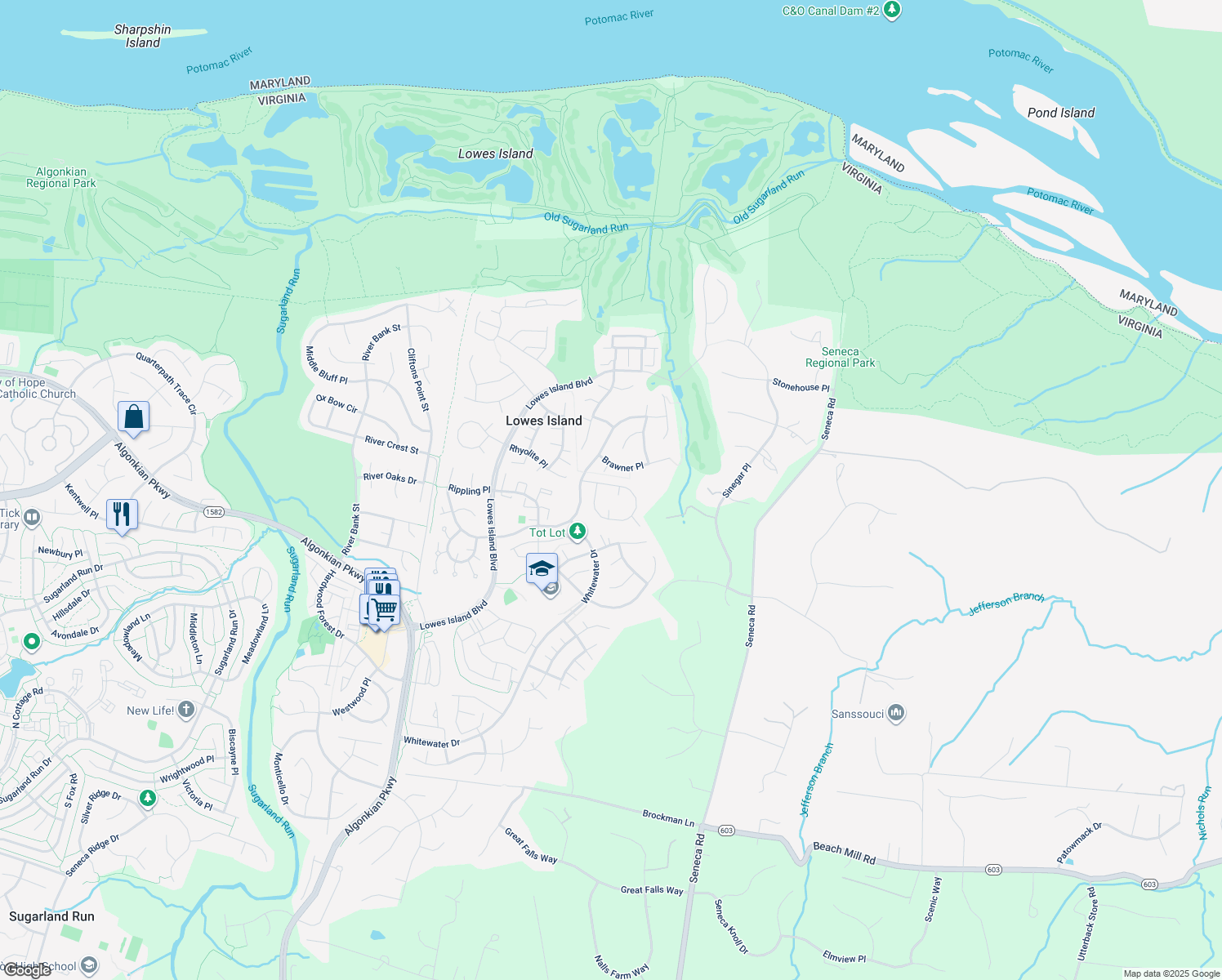 map of restaurants, bars, coffee shops, grocery stores, and more near 47729 Allegheny Circle in Sterling
