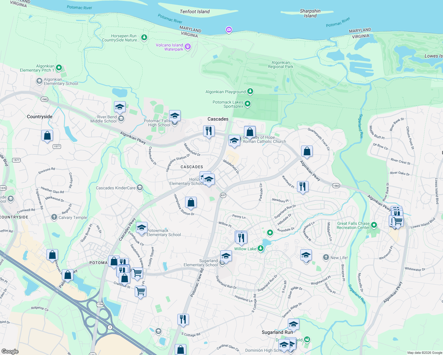 map of restaurants, bars, coffee shops, grocery stores, and more near Westover Terrace in Sterling