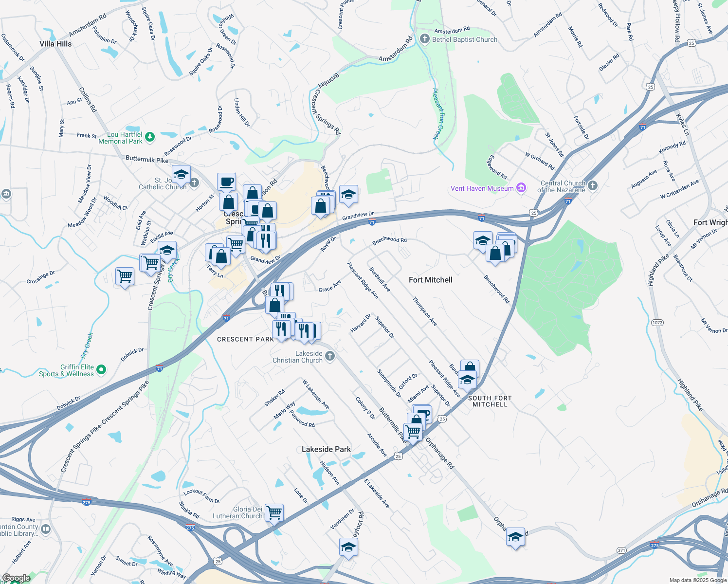 map of restaurants, bars, coffee shops, grocery stores, and more near 135 Pleasant Ridge Avenue in Fort Mitchell