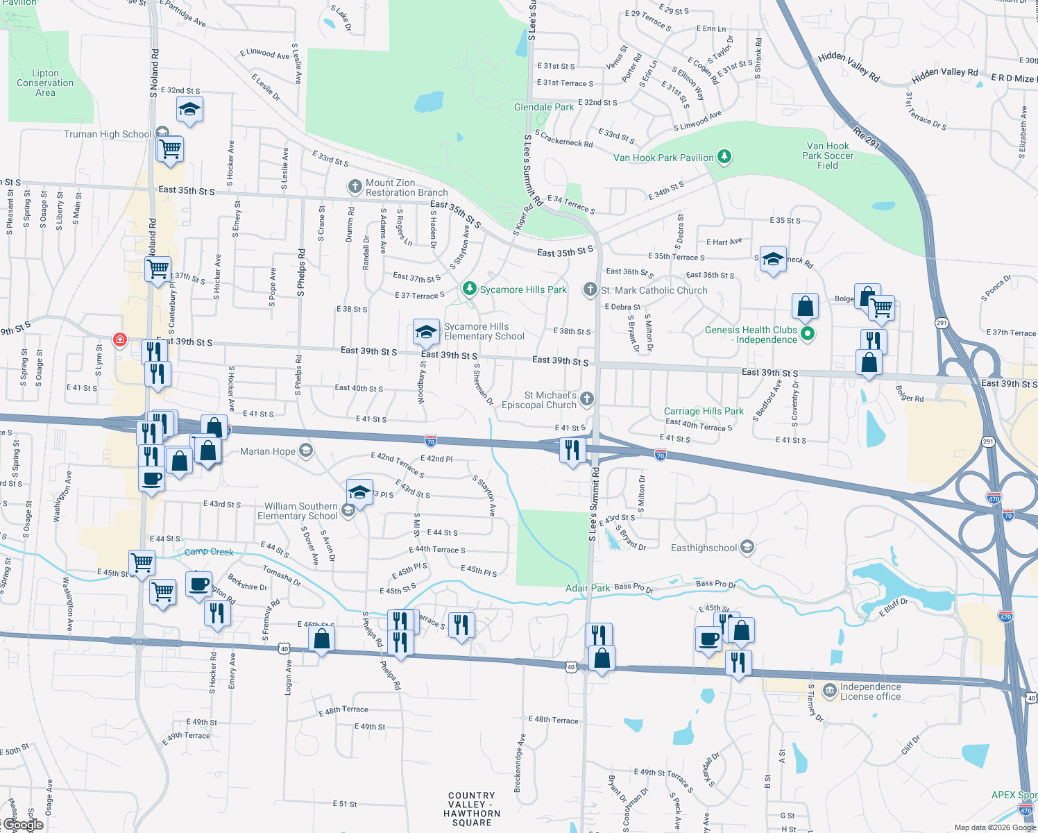map of restaurants, bars, coffee shops, grocery stores, and more near 15932 East 41st Street South in Independence