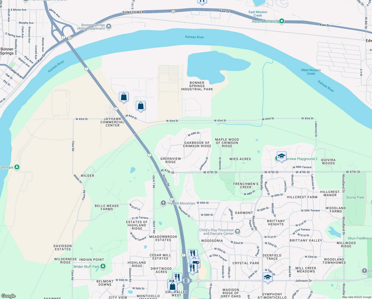 map of restaurants, bars, coffee shops, grocery stores, and more near 4511 Silverheel Street in Shawnee