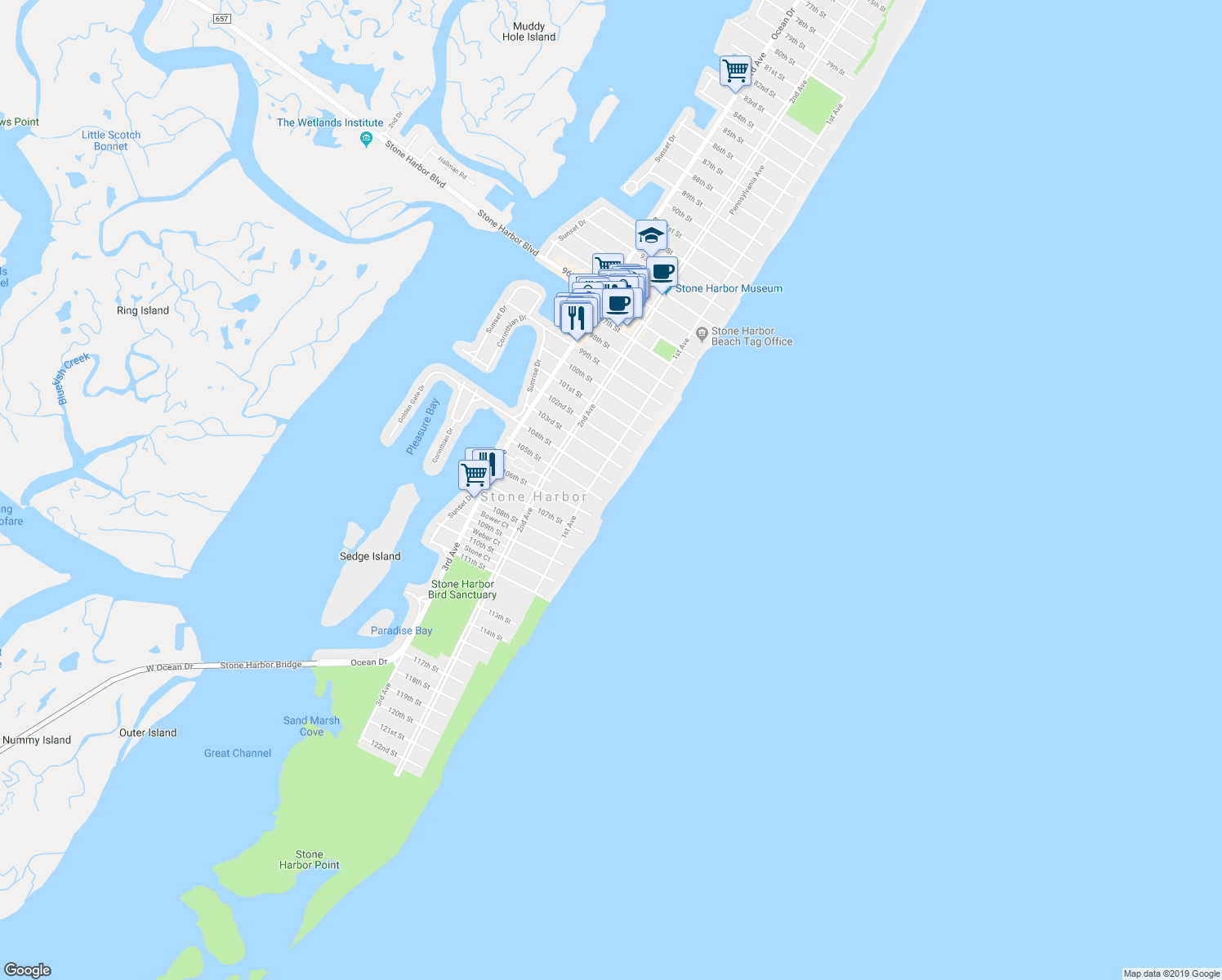 map of restaurants, bars, coffee shops, grocery stores, and more near 1 104th Street in Stone Harbor