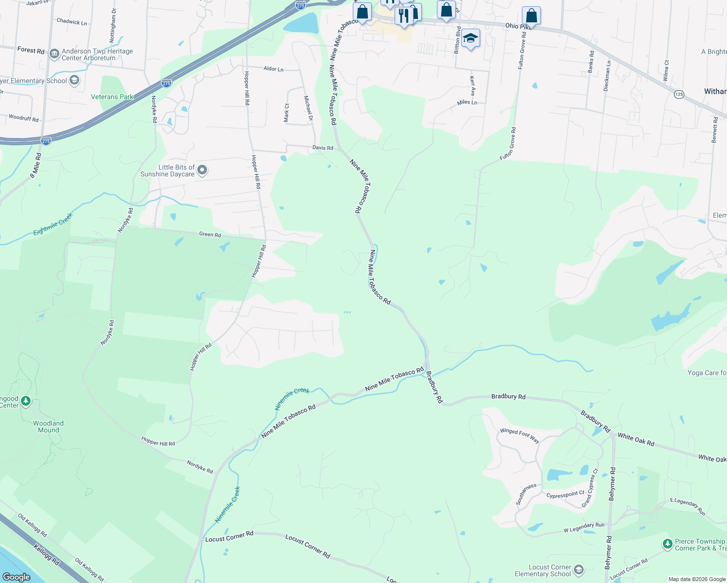 map of restaurants, bars, coffee shops, grocery stores, and more near 3702 9 Mile Road in Cincinnati
