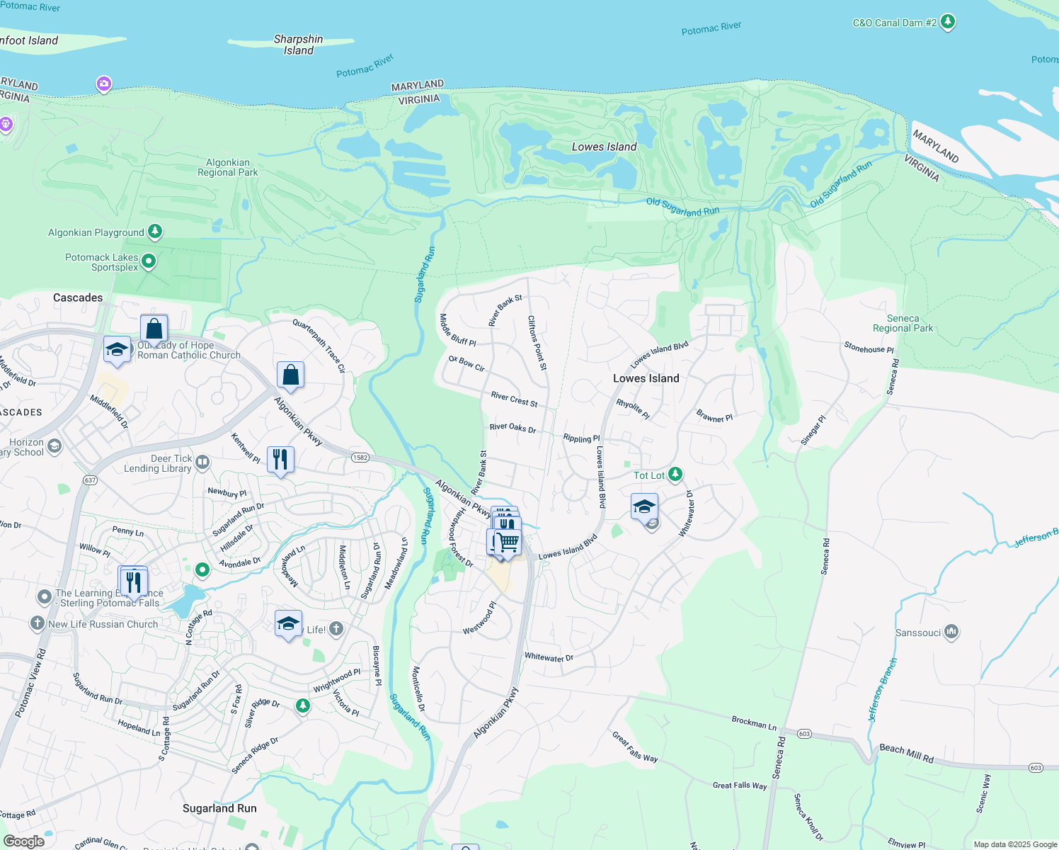 map of restaurants, bars, coffee shops, grocery stores, and more near 47426 River Oaks Drive in Sterling