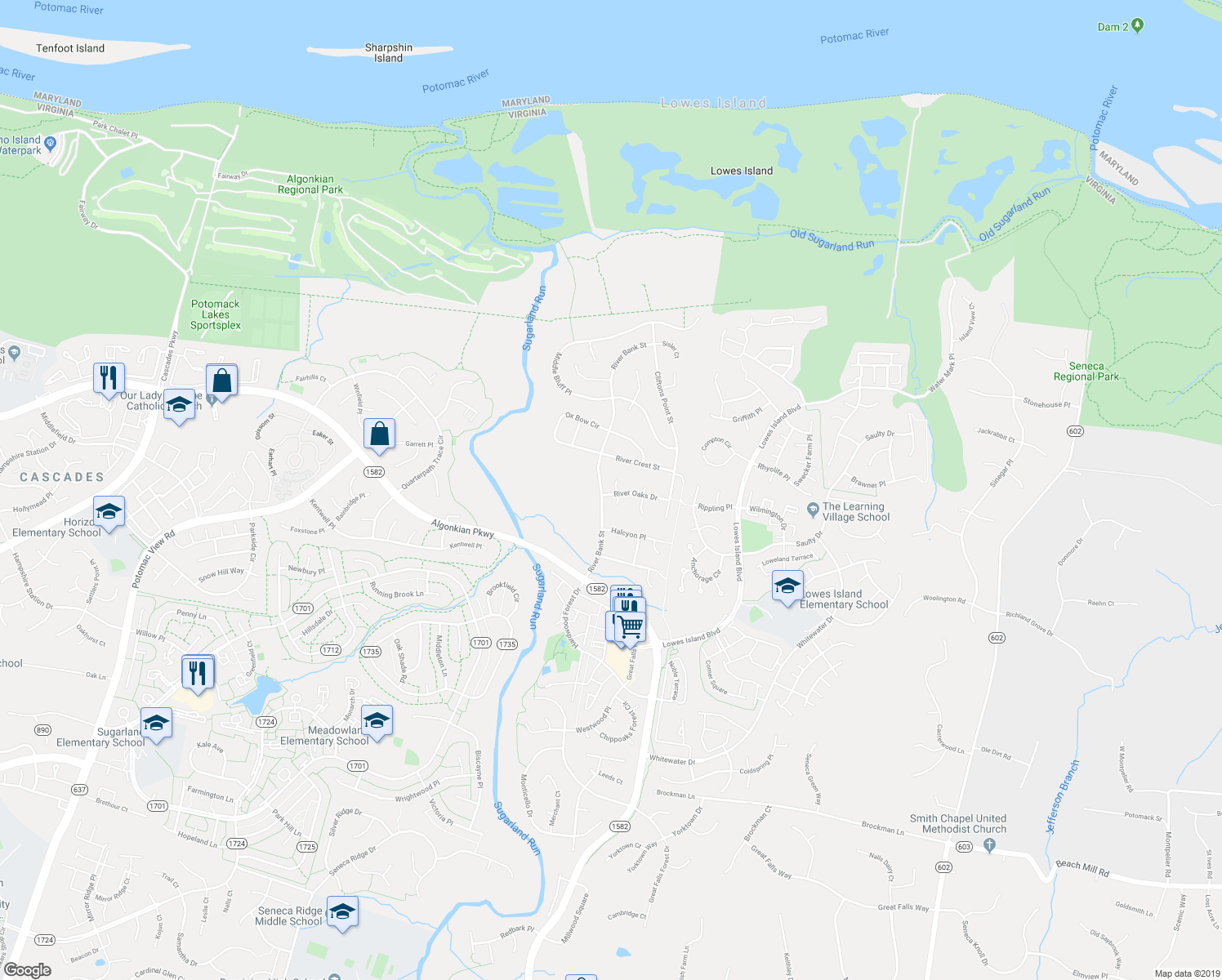 map of restaurants, bars, coffee shops, grocery stores, and more near 20537 Mason Oak Court in Sterling