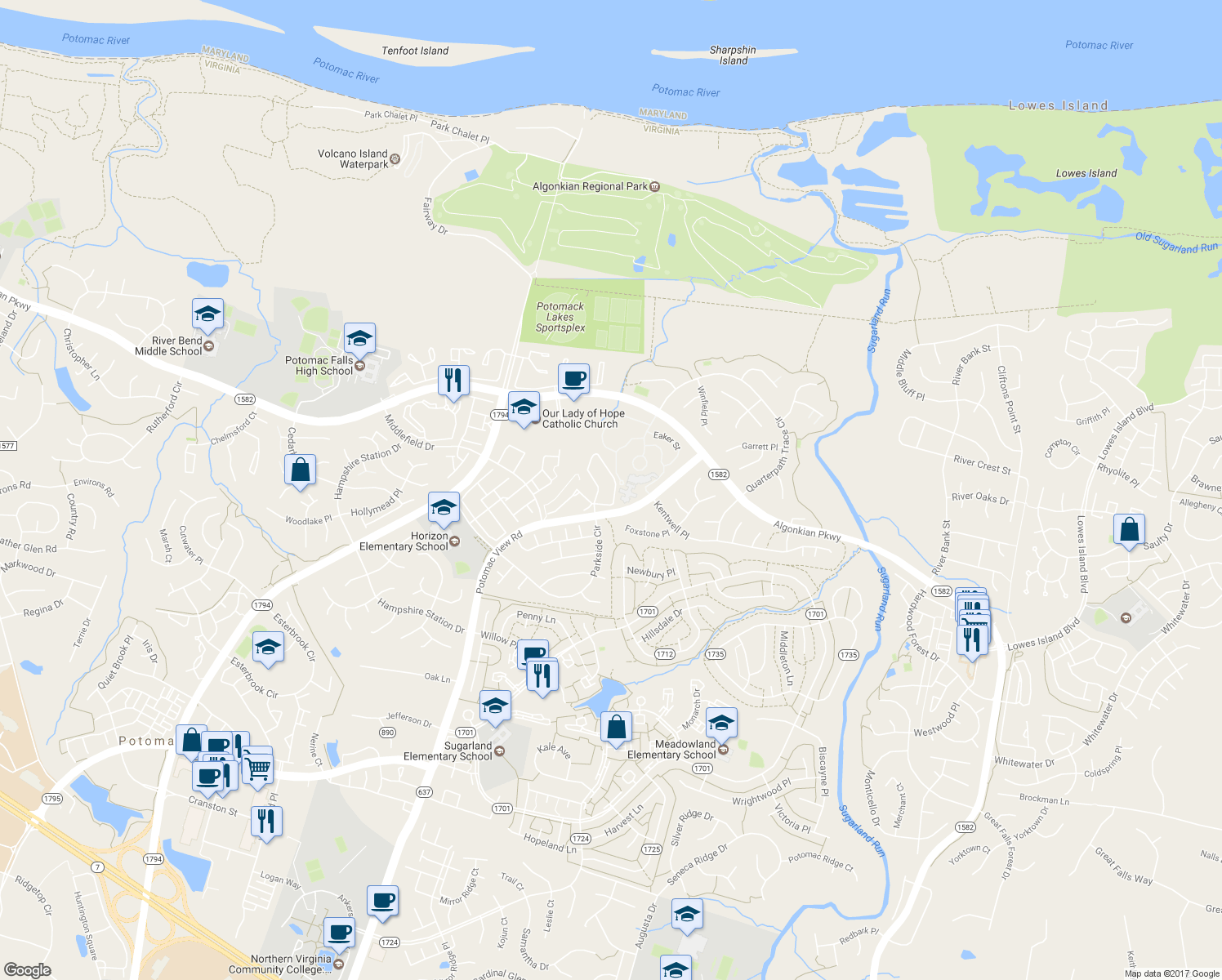 map of restaurants, bars, coffee shops, grocery stores, and more near 20591 Morningside Terrace in Sterling