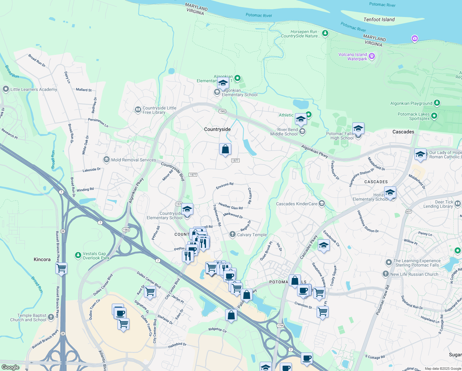 map of restaurants, bars, coffee shops, grocery stores, and more near 121 Environs Road in Sterling