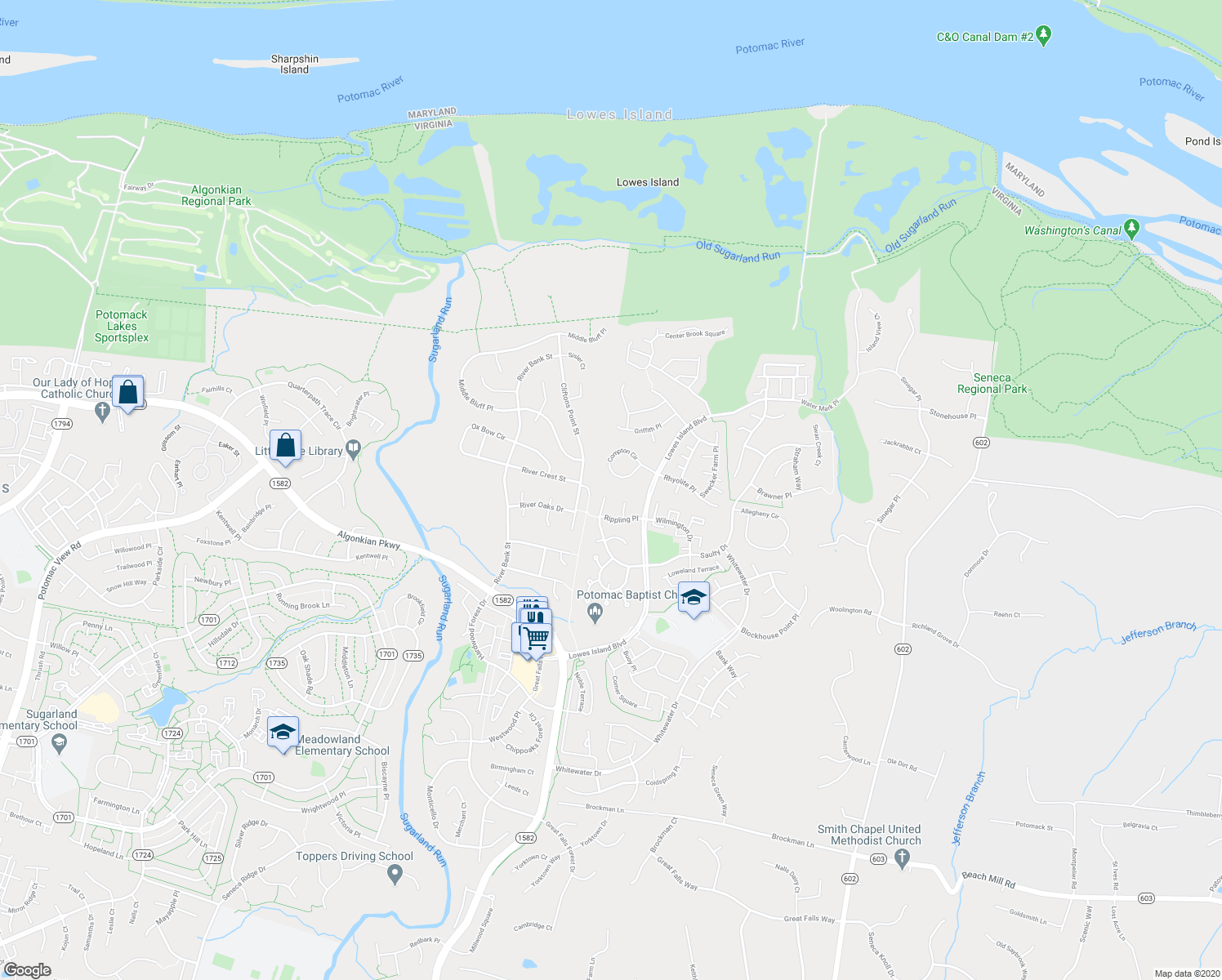 map of restaurants, bars, coffee shops, grocery stores, and more near 47476 Saulty Drive in Sterling