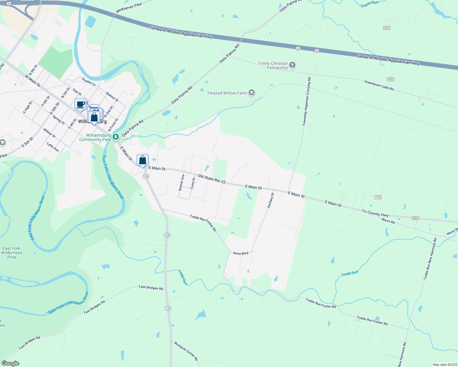 map of restaurants, bars, coffee shops, grocery stores, and more near 3652 Old State Route 32 in Williamsburg