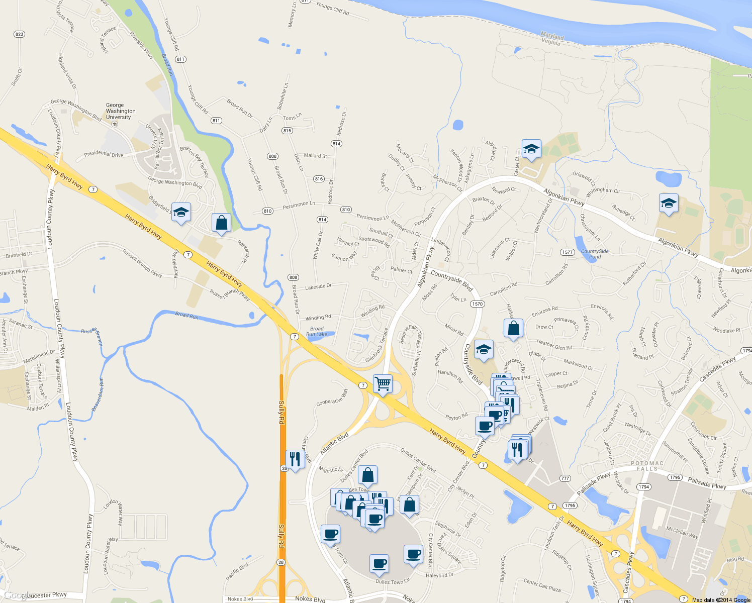 map of restaurants, bars, coffee shops, grocery stores, and more near 45570 Mallard Point Terrace in Sterling