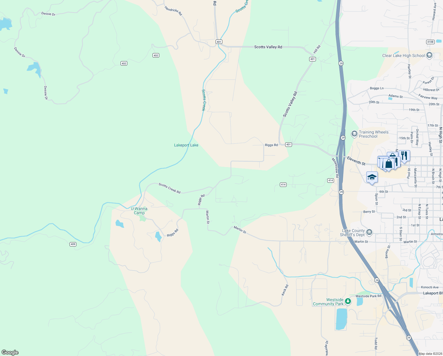 map of restaurants, bars, coffee shops, grocery stores, and more near 2192 Riggs Road in Lakeport