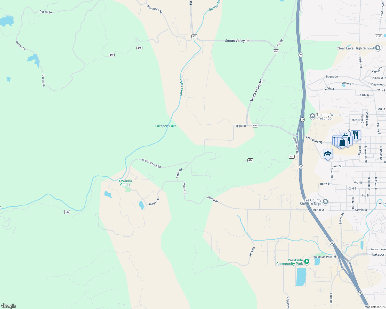 map of restaurants, bars, coffee shops, grocery stores, and more near 2192 Riggs Road in Lakeport