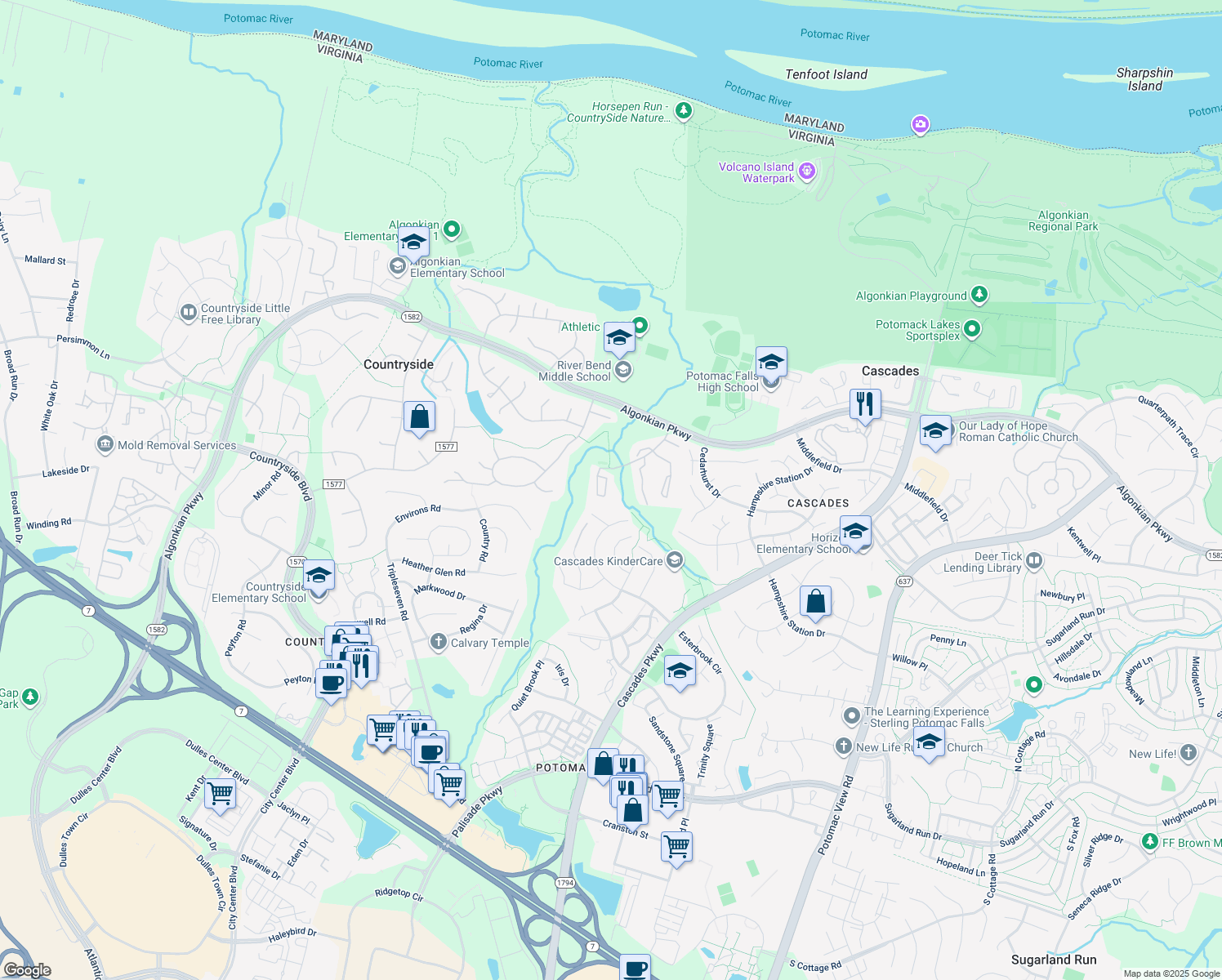 map of restaurants, bars, coffee shops, grocery stores, and more near 279 Chelmsford Court in Sterling