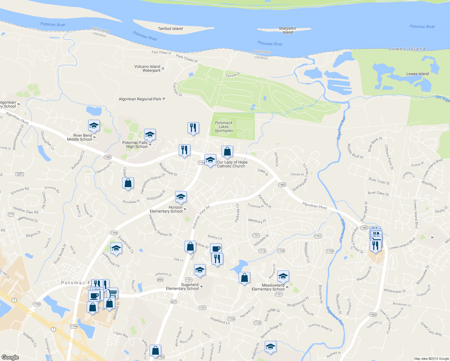 map of restaurants, bars, coffee shops, grocery stores, and more near 20498 Ashley Terrace in Sterling