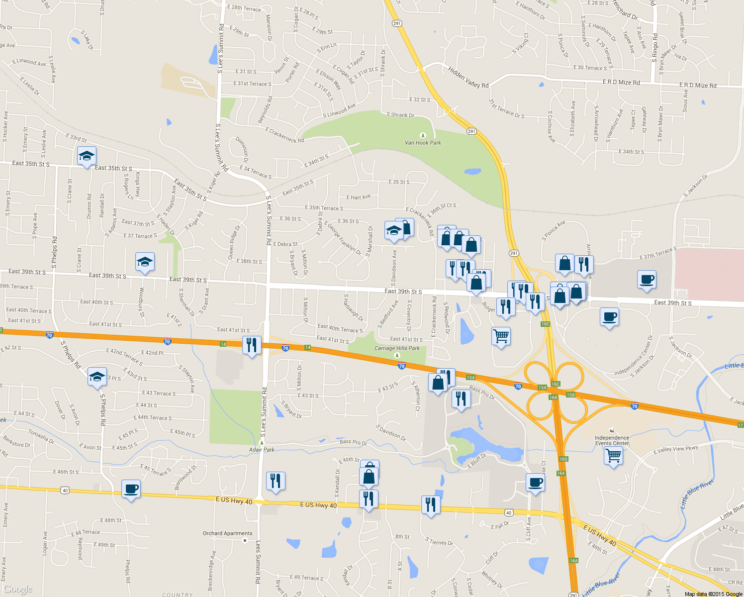 map of restaurants, bars, coffee shops, grocery stores, and more near 3905 South Masterbrook Drive in Independence