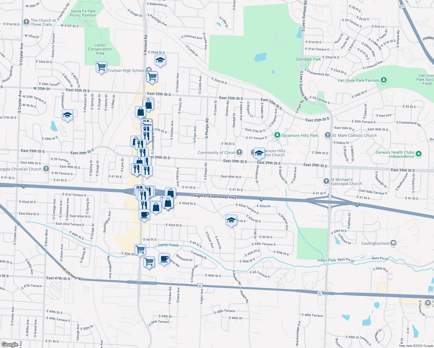 map of restaurants, bars, coffee shops, grocery stores, and more near 14900 East 40th Street South in Independence