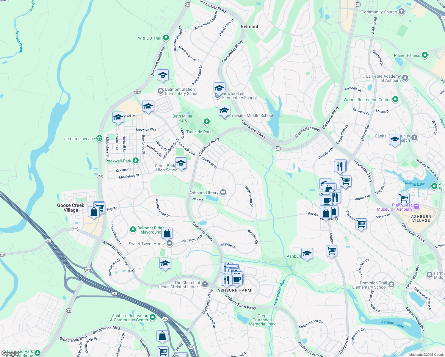 map of restaurants, bars, coffee shops, grocery stores, and more near 20538 Courier Ridge Place in Ashburn