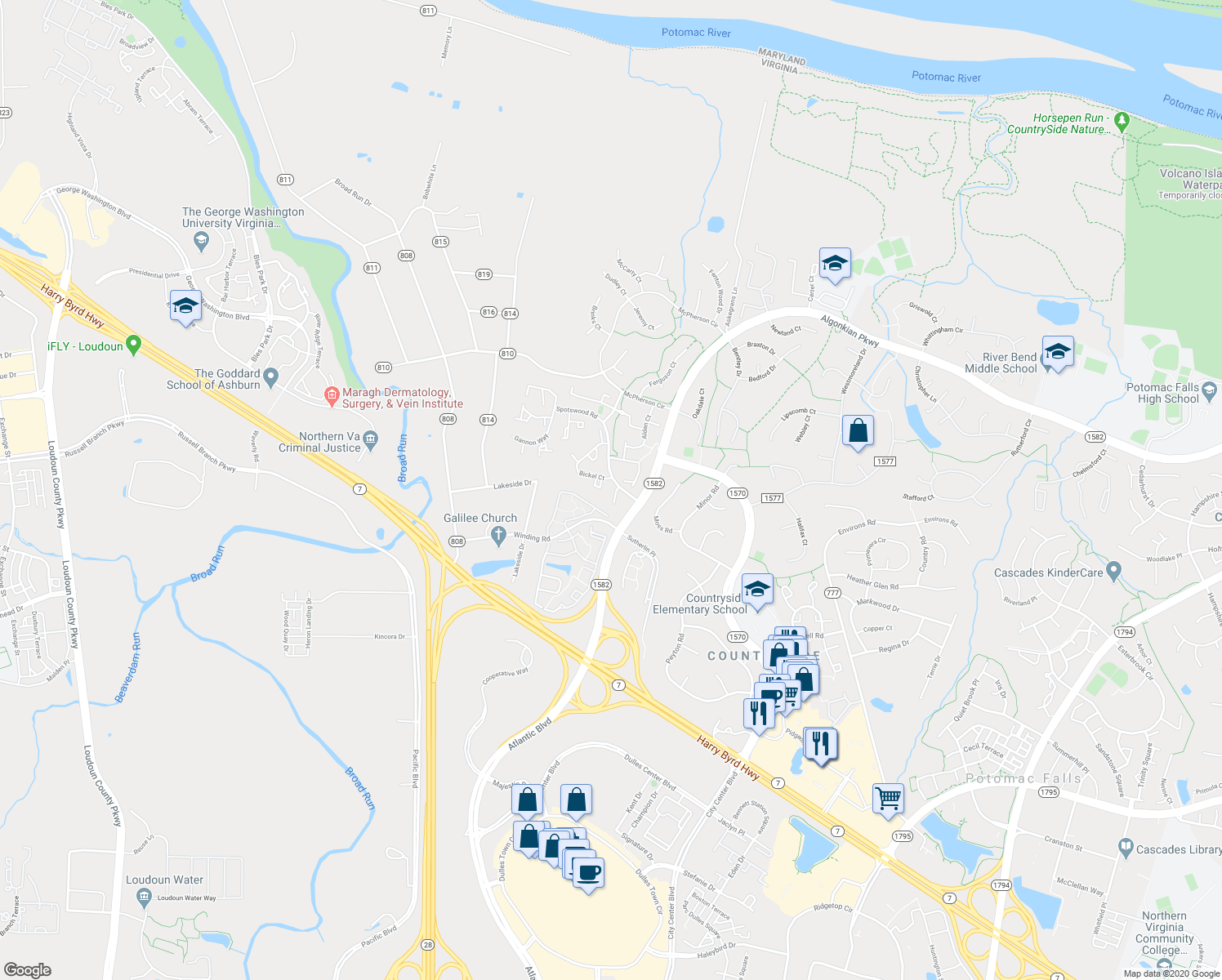 map of restaurants, bars, coffee shops, grocery stores, and more near 6 Wyatt Court in Sterling