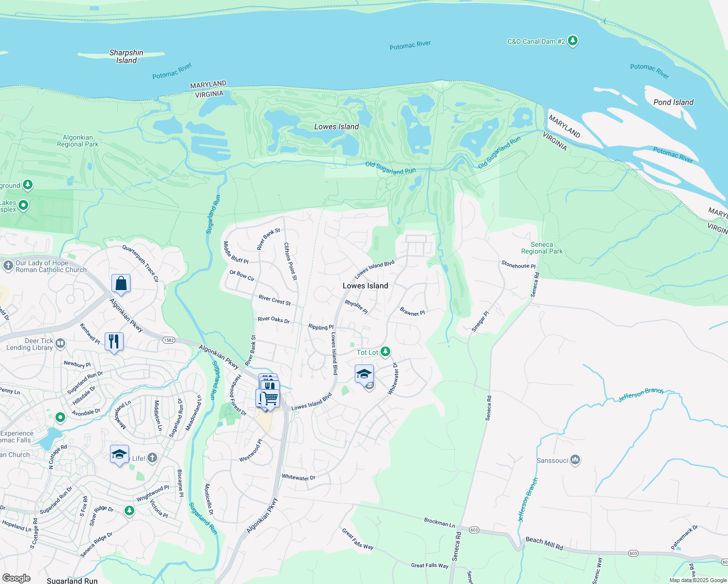 map of restaurants, bars, coffee shops, grocery stores, and more near 20472 McGees Ferry Way in Sterling