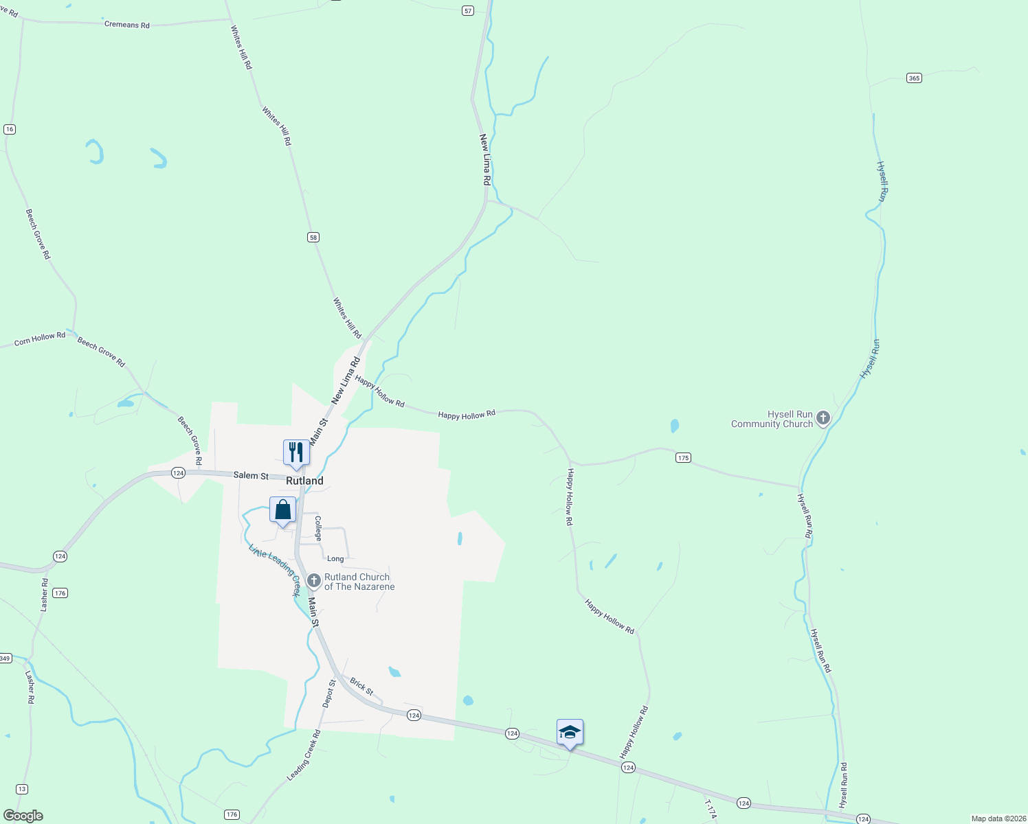 map of restaurants, bars, coffee shops, grocery stores, and more near 32938-32942 Happy Hollow Road in Rutland