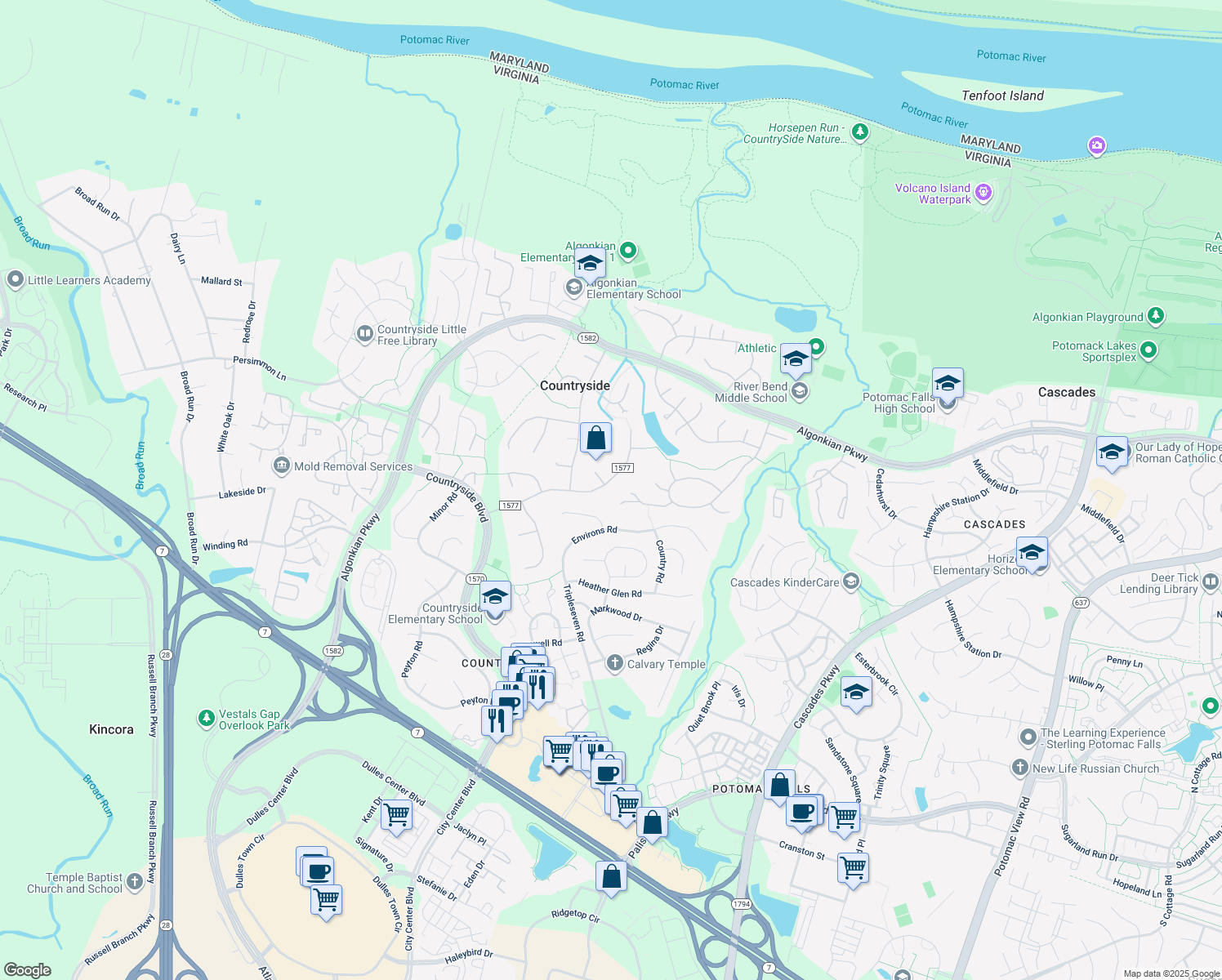 map of restaurants, bars, coffee shops, grocery stores, and more near 36 Carrollton Road in Sterling