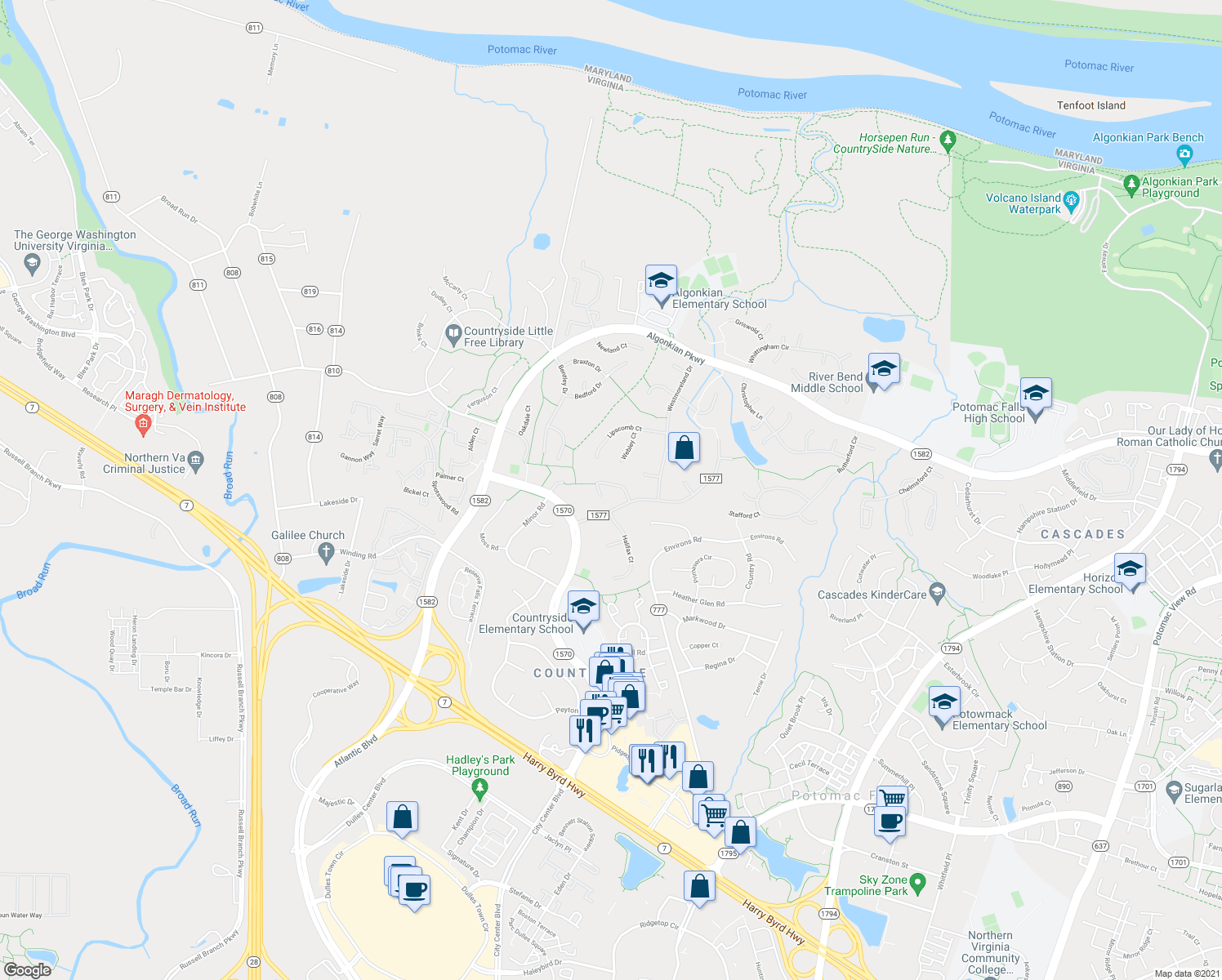 map of restaurants, bars, coffee shops, grocery stores, and more near 11 Devenshire Court in Sterling