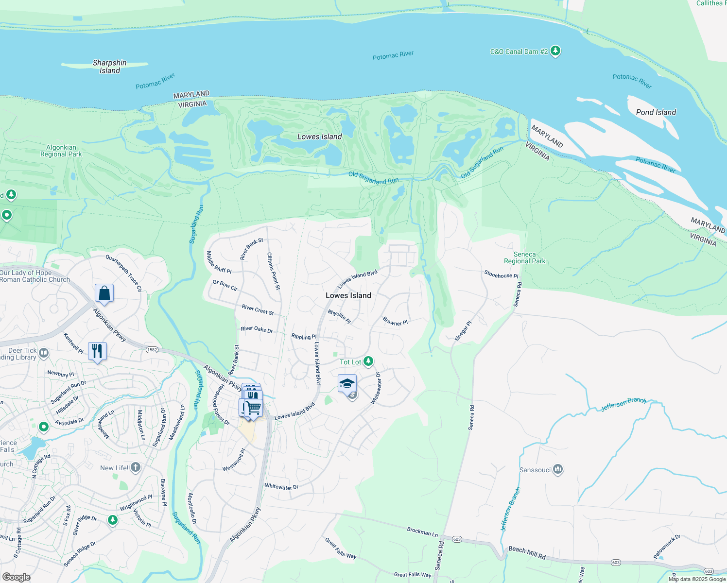 map of restaurants, bars, coffee shops, grocery stores, and more near 20454 Swecker Farm Place in Sterling