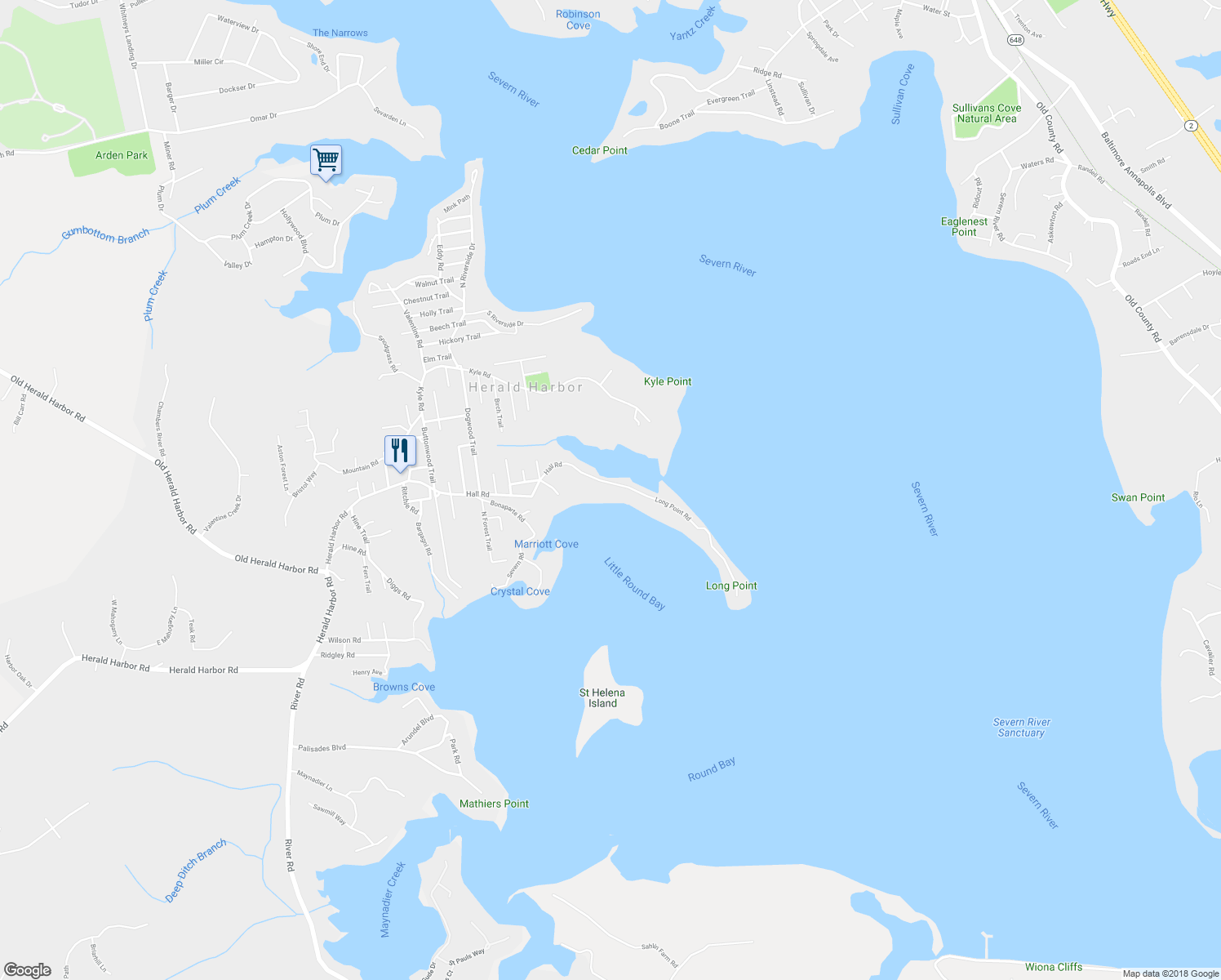 map of restaurants, bars, coffee shops, grocery stores, and more near 275 Long Point Road in Crownsville