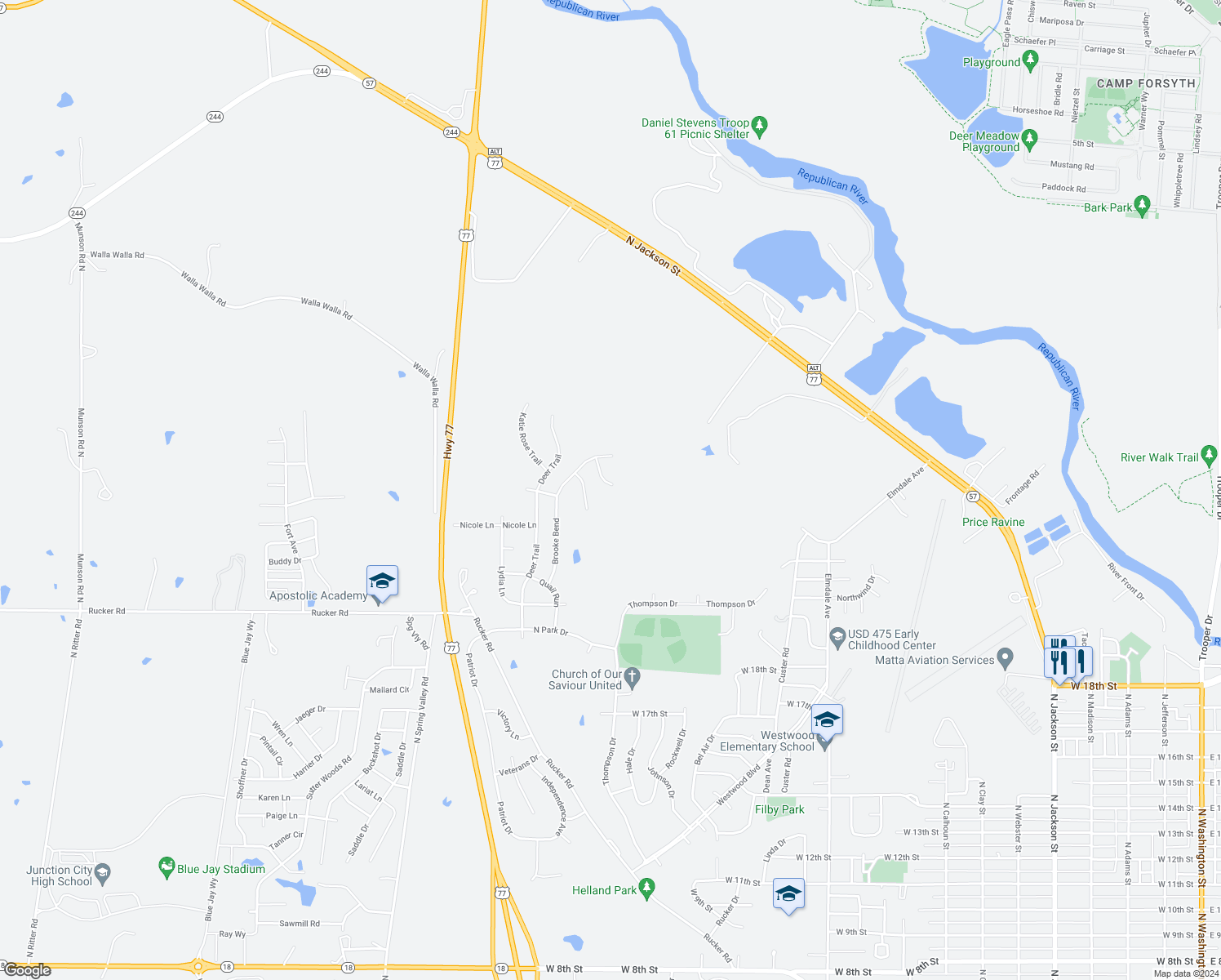 map of restaurants, bars, coffee shops, grocery stores, and more near 1614 Olivia Dancing Trail in Junction City