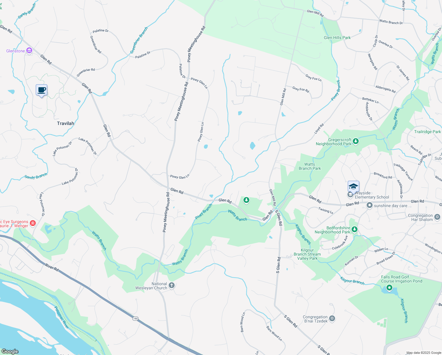 map of restaurants, bars, coffee shops, grocery stores, and more near 11011 Glen Road in Potomac