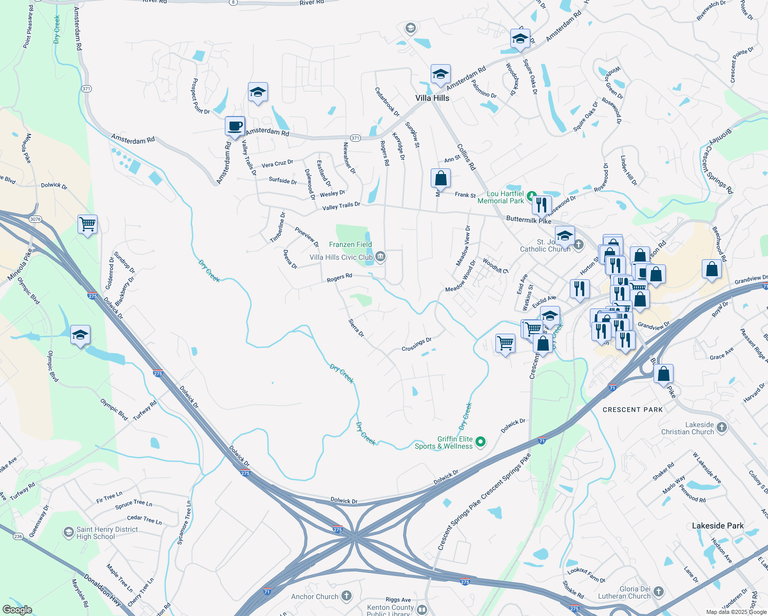 map of restaurants, bars, coffee shops, grocery stores, and more near 873 Rollingwood Drive in Villa Hills