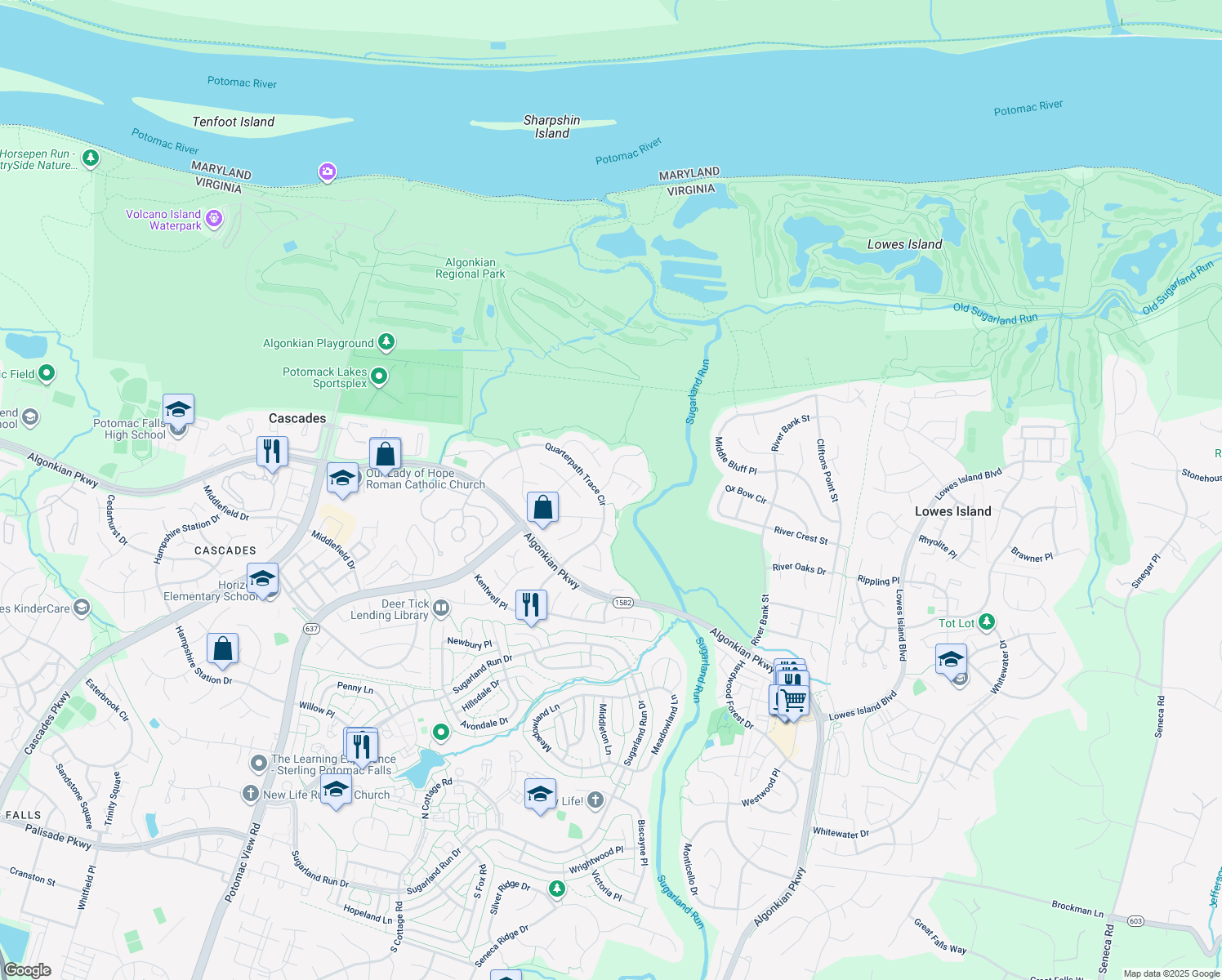 map of restaurants, bars, coffee shops, grocery stores, and more near 20436 Brightwater Pl in Sterling