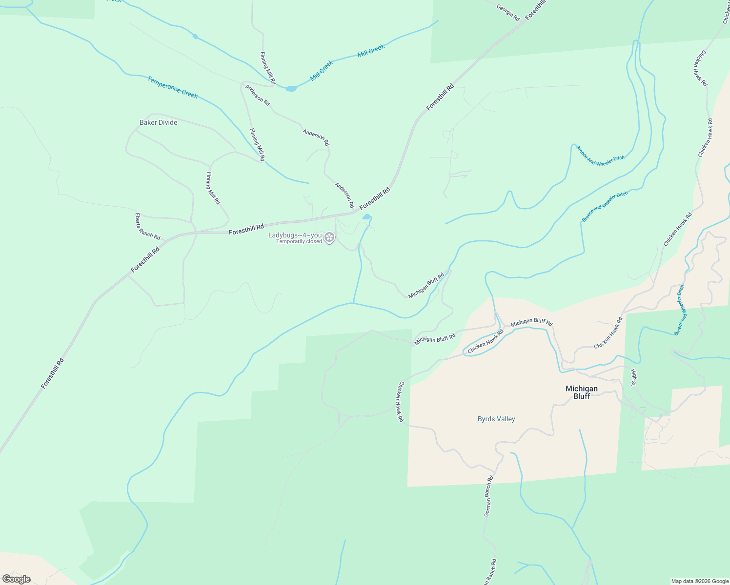 map of restaurants, bars, coffee shops, grocery stores, and more near 6001 Michigan Bluff Road in Foresthill