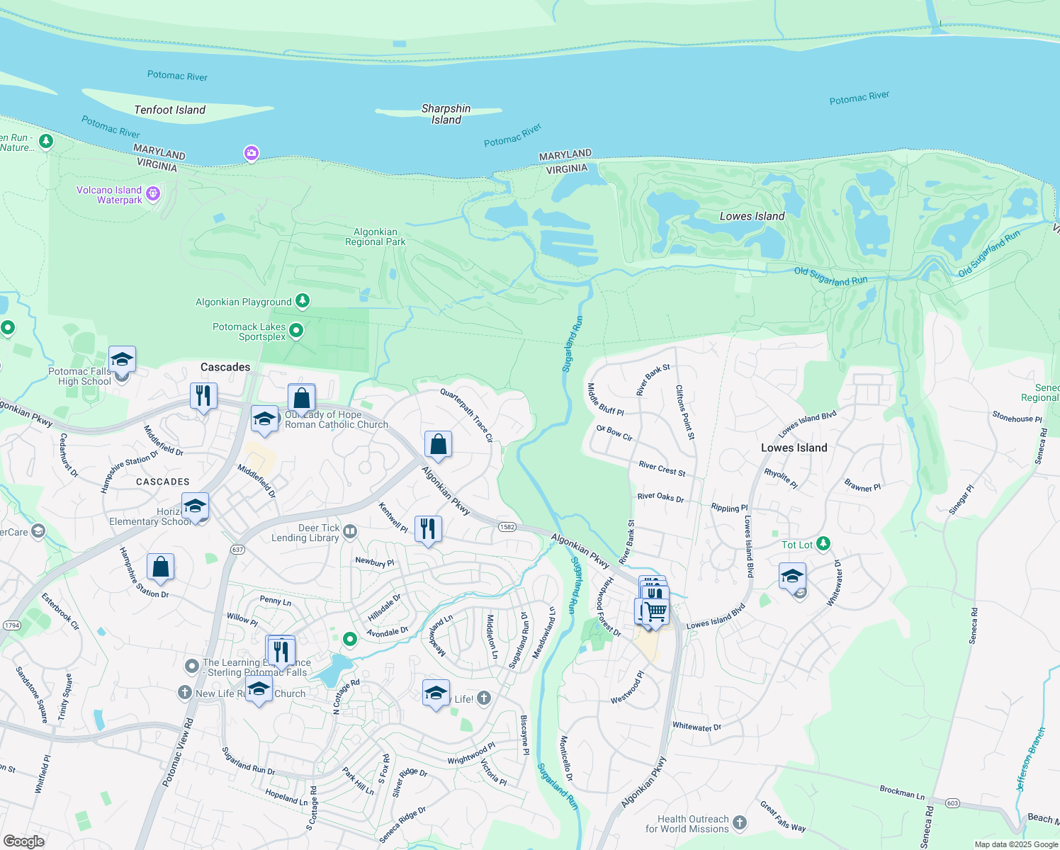 map of restaurants, bars, coffee shops, grocery stores, and more near 47182 Chambliss Court in Sterling