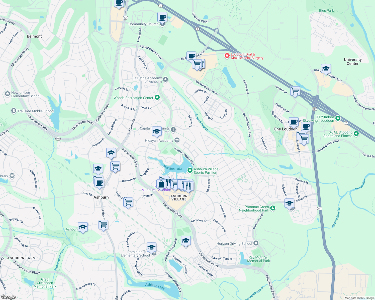 map of restaurants, bars, coffee shops, grocery stores, and more near 44170 Shady Glen Terrace in Ashburn