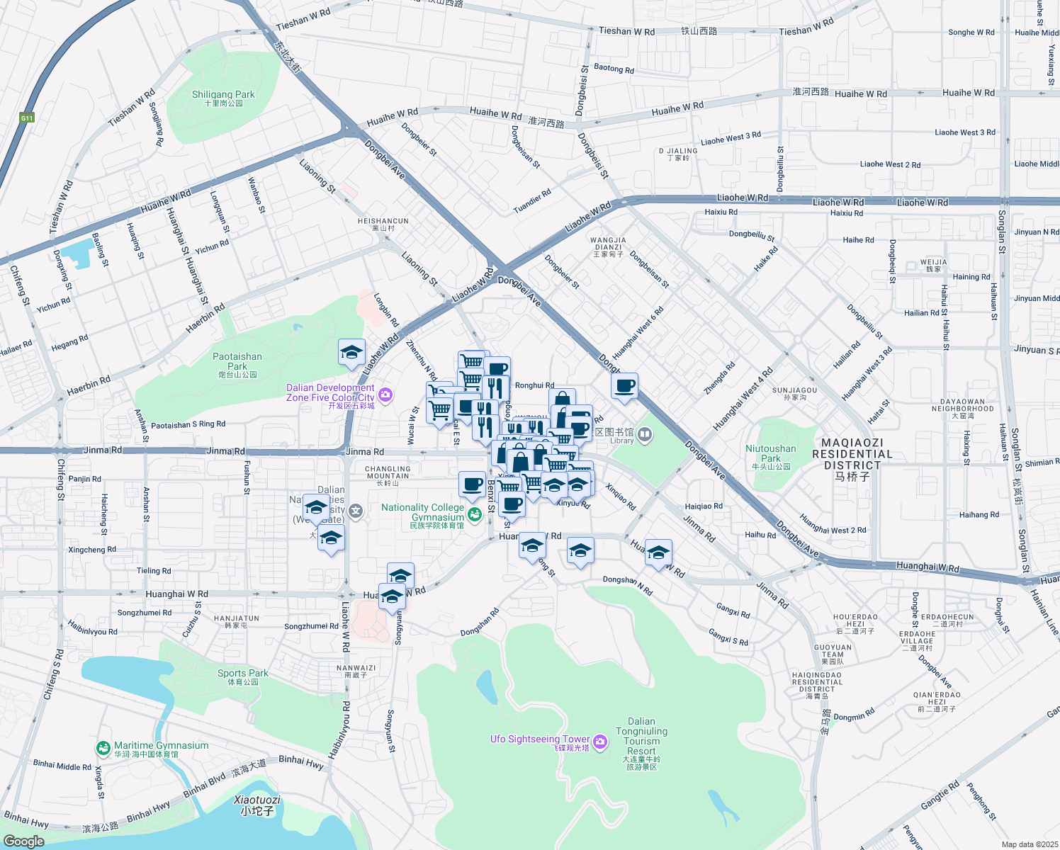 map of restaurants, bars, coffee shops, grocery stores, and more near in Dalian