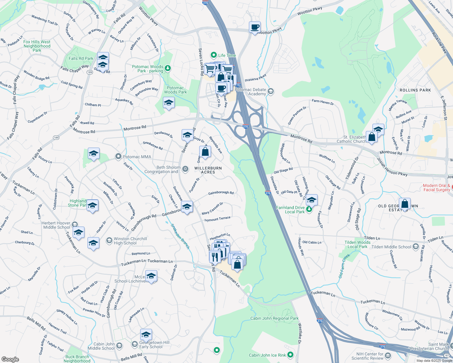 map of restaurants, bars, coffee shops, grocery stores, and more near 11900 Gainsborough Road in Potomac