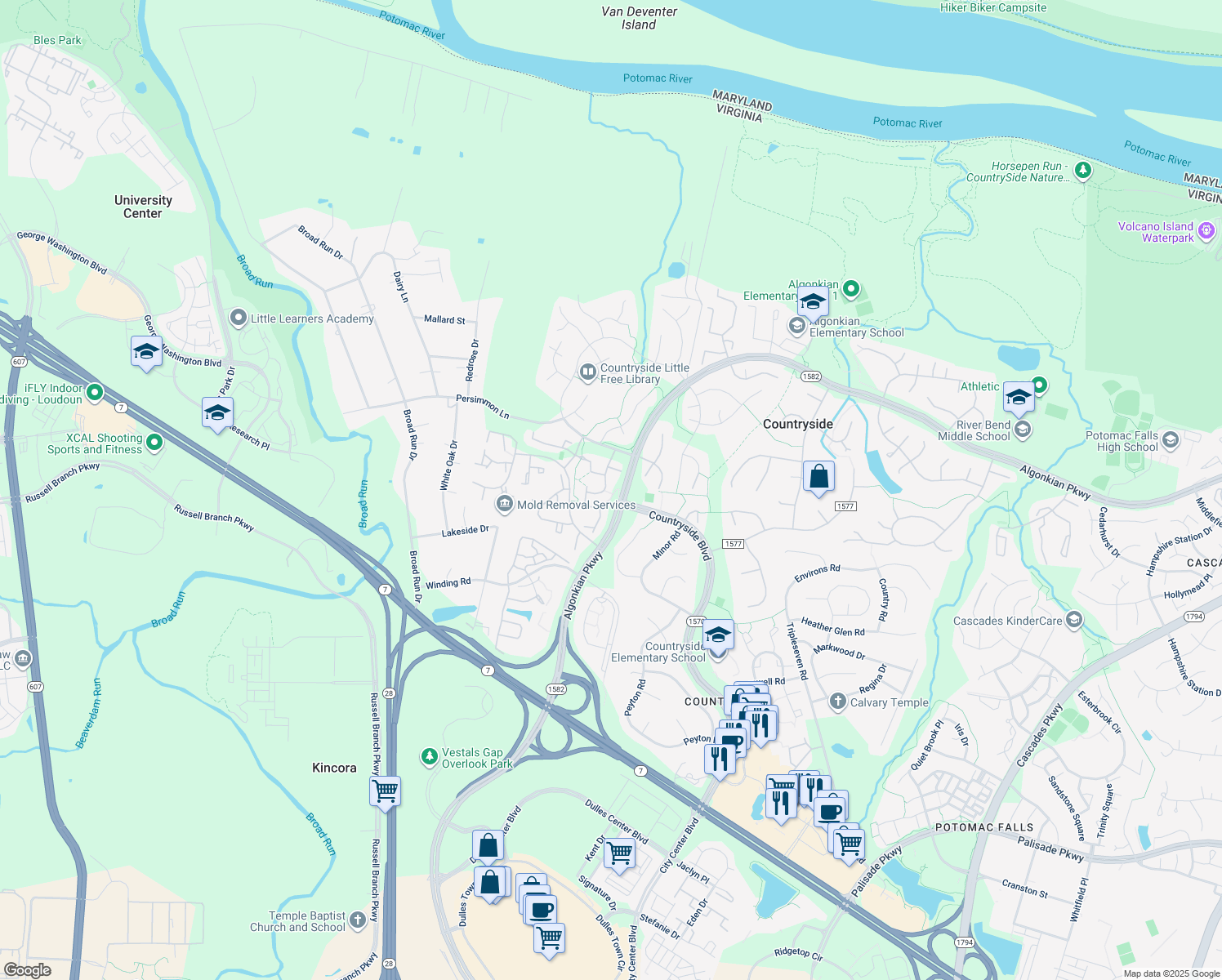 map of restaurants, bars, coffee shops, grocery stores, and more near 15 Alden Court in Sterling