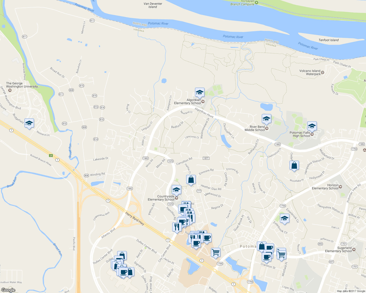 map of restaurants, bars, coffee shops, grocery stores, and more near 25 Lipscomb Court in Sterling