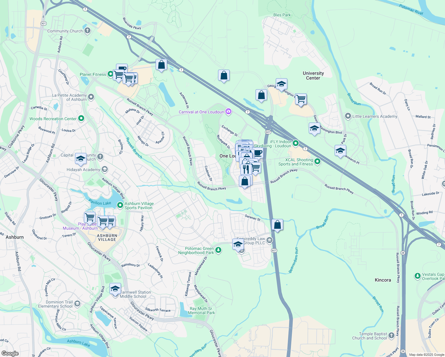 map of restaurants, bars, coffee shops, grocery stores, and more near 20437 Savin Hill Drive in Ashburn
