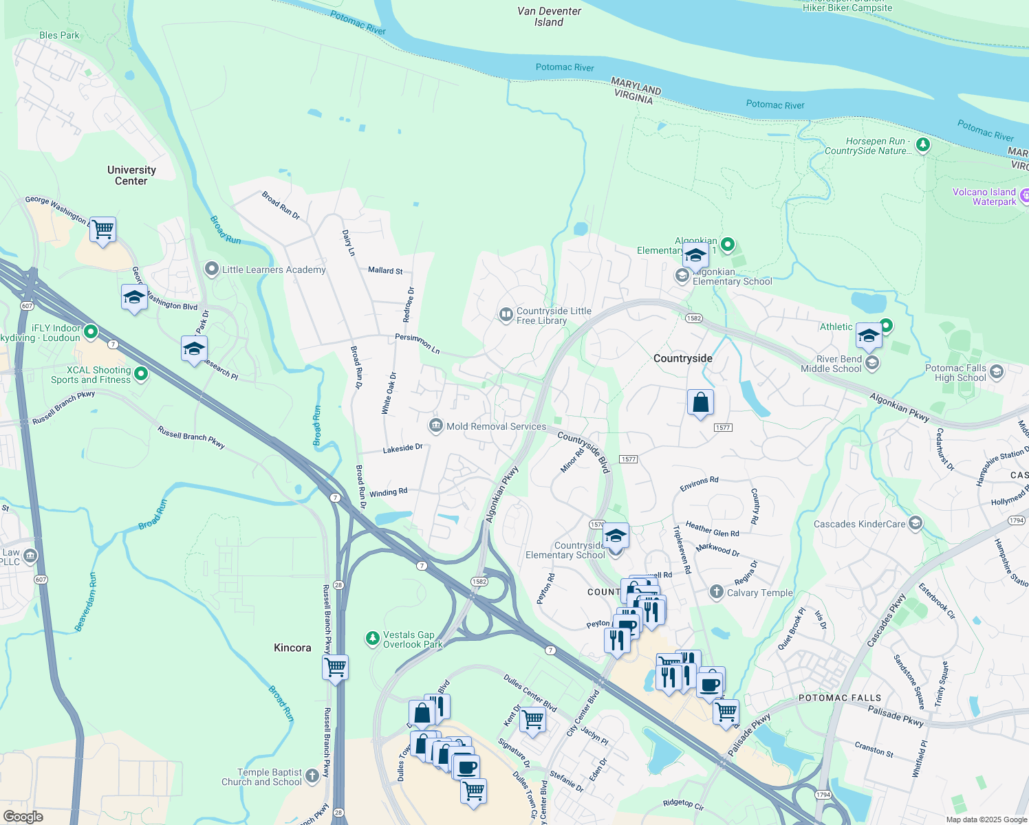 map of restaurants, bars, coffee shops, grocery stores, and more near 20 Alden Court in Sterling