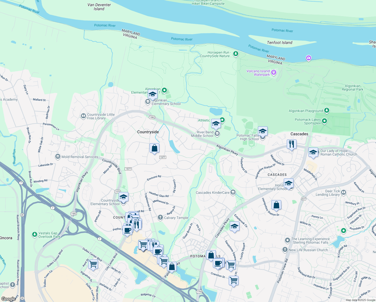 map of restaurants, bars, coffee shops, grocery stores, and more near 42 Christopher Lane in Sterling