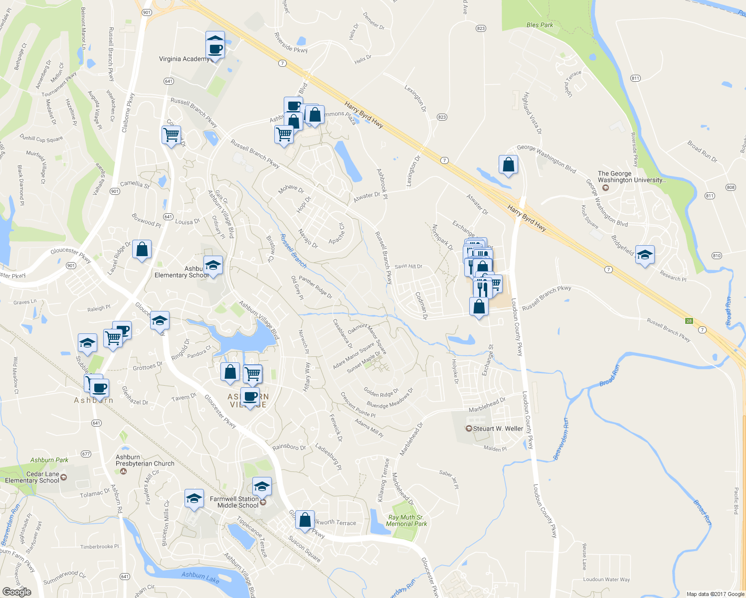 map of restaurants, bars, coffee shops, grocery stores, and more near 20433 Island West Square in Ashburn