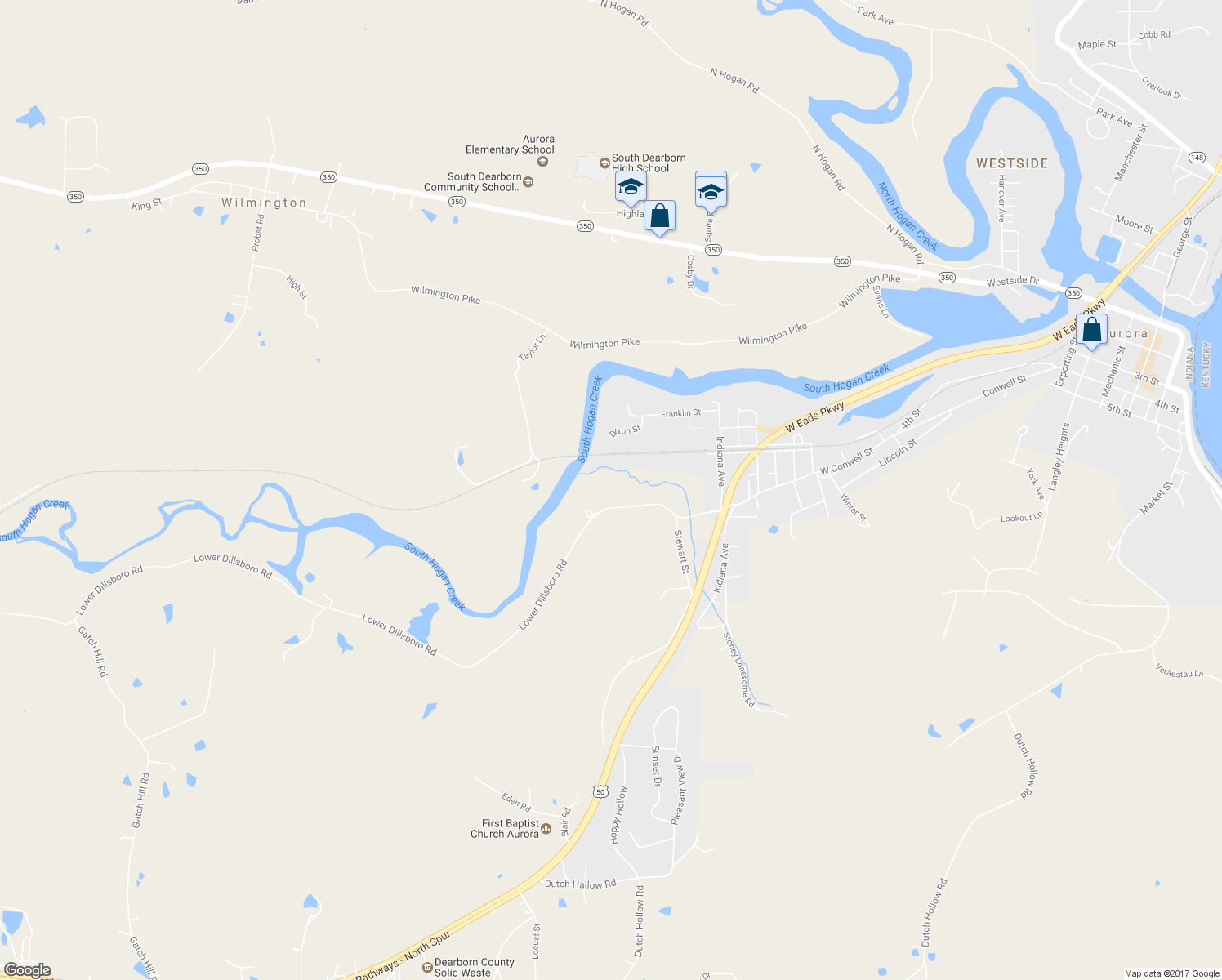 map of restaurants, bars, coffee shops, grocery stores, and more near 5800 Lower Dillsboro Road in Aurora